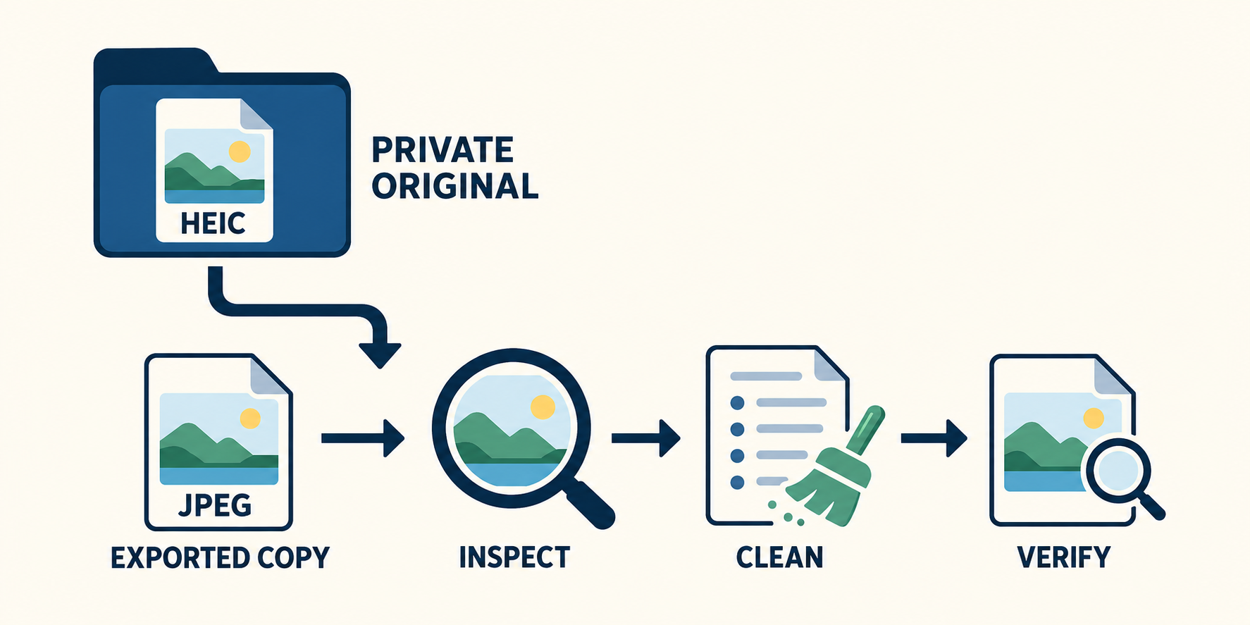 A private HEIC original stays separate while a JPEG copy moves through visual inspection, cleaning and verification.